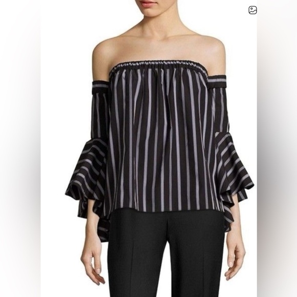 $325 Milly Ines Black and White Stipe Off-the-Shoulder Bell Sleeve Blouse - Picture 1 of 7